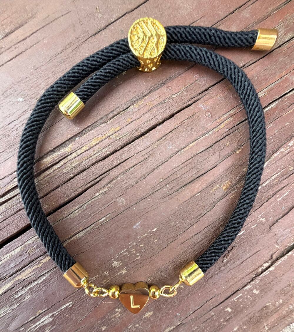 Black Rope Letter "L" Gold Heart Bead Bracelet Women Minimalist Adjustable